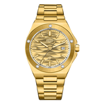 A gold-tone stainless steel wrist watch with a matching link bracelet, featuring a textured wave-patterned dial, bezel, and indices, accented with small clear crystal rhinestones and a date window at 3 o'clock.