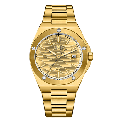 A gold-tone stainless steel wrist watch with a matching link bracelet, featuring a textured wave-patterned dial, bezel, and indices, accented with small clear crystal rhinestones and a date window at 3 o'clock.