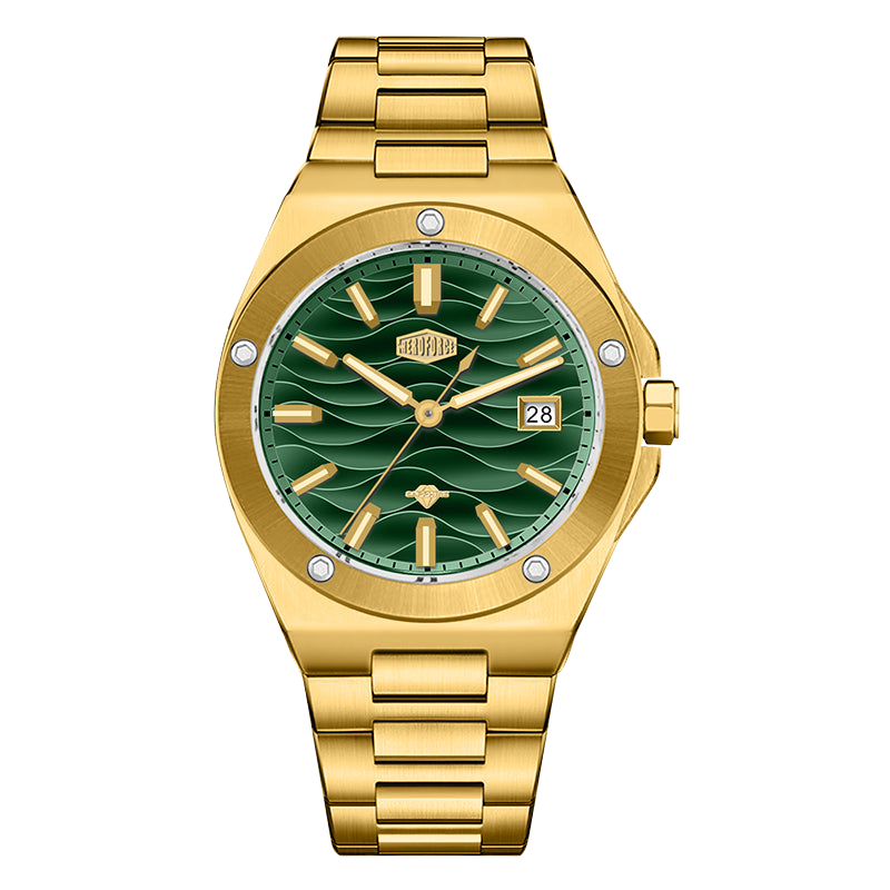 Gold tone stainless steel wristwatch with a green wave patterned dial and date display.