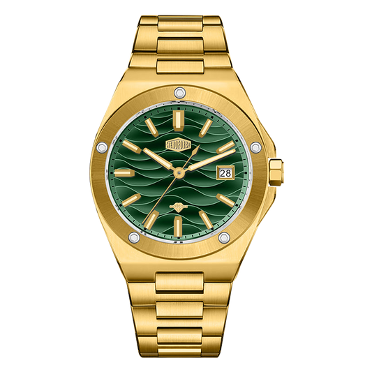 Gold tone stainless steel wristwatch with a green wave patterned dial and date display.