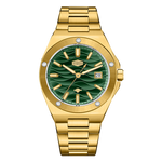 Gold tone stainless steel wristwatch with a green wave patterned dial and date display.