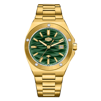 Gold tone stainless steel wristwatch with a green wave patterned dial and date display.
