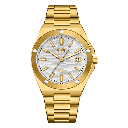 Gold tone stainless steel wristwatch with a silver wave patterned dial and date display.