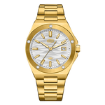 Gold tone stainless steel wristwatch with a silver wave patterned dial and date display.
