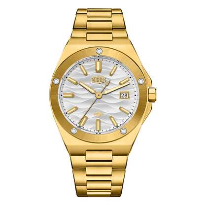 Gold tone stainless steel wristwatch with a silver wave patterned dial and date display.