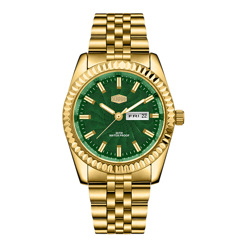 Gold watch with a green face on a white background
