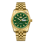 Gold watch with a green face on a white background
