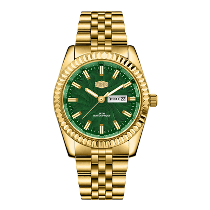 Gold watch with a green face on a white background