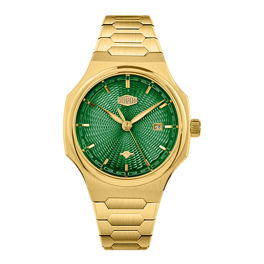 Gold watch with a green face on a white background