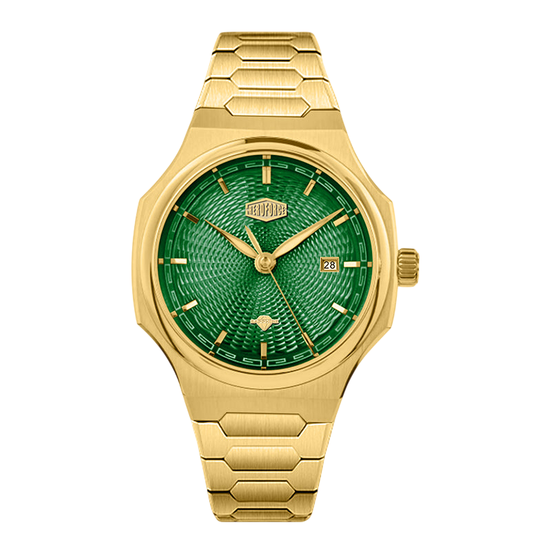 Gold watch with a green face on a white background