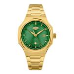 Gold watch with a green face on a white background