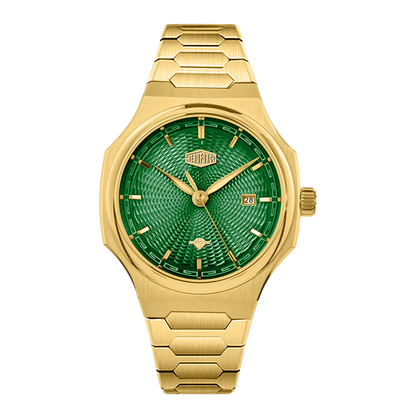 Gold watch with a green face on a white background