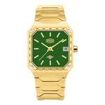 Gold watch with a geometric design on a white background