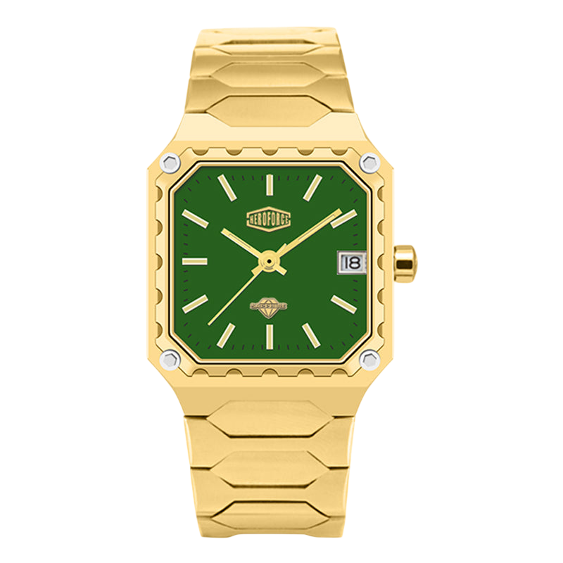Gold watch with a geometric design on a white background