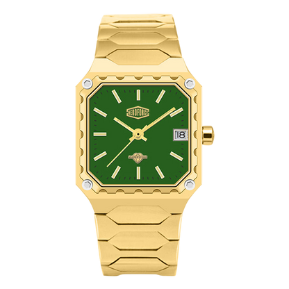 Gold watch with a geometric design on a white background