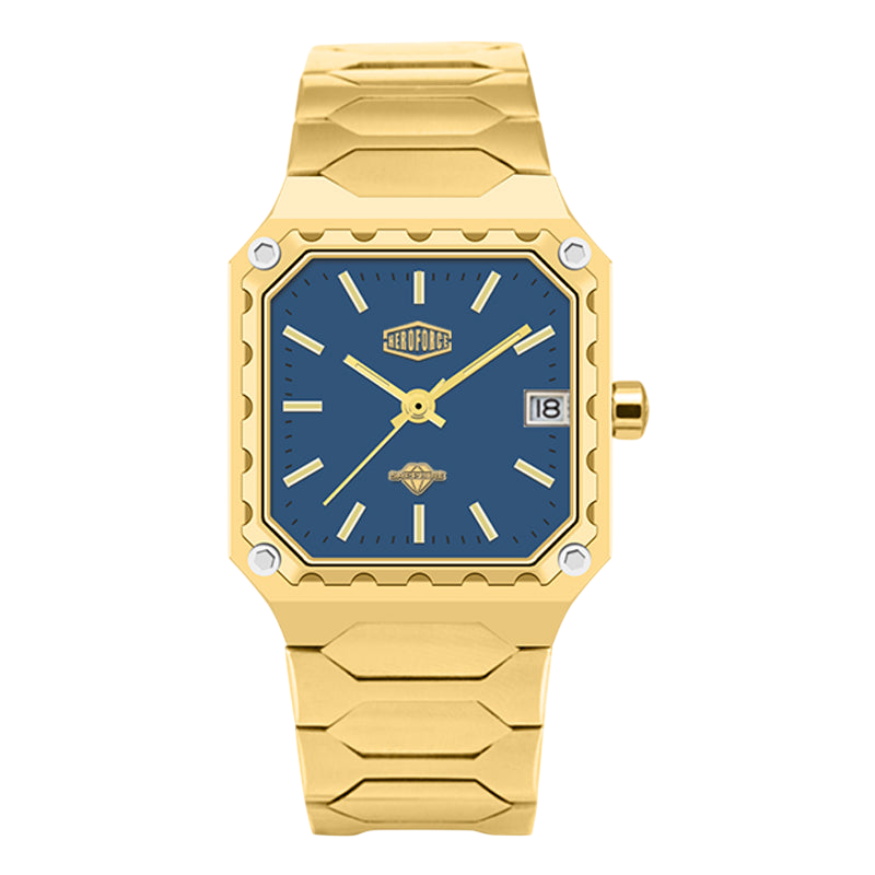 Gold watch with a blue face on a white background
