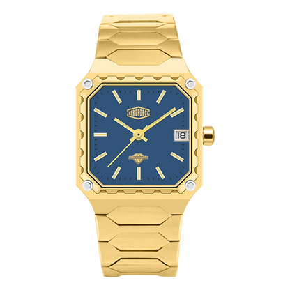 Gold watch with a blue face on a white background