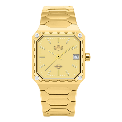 Gold watch with a geometric design on a white background