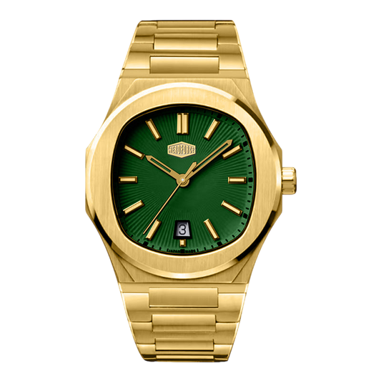 Gold watch with a green face on a white background