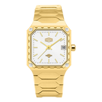 Gold watch with a white face on a white background
