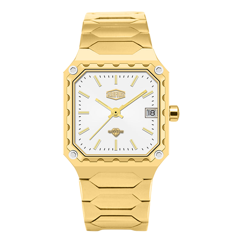 Gold watch with a white face on a white background