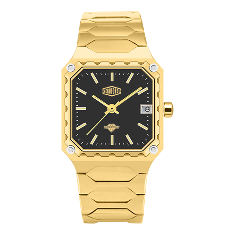 Gold watch with black face on a white background