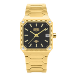 Gold watch with black face on a white background