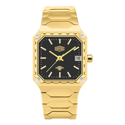 Gold watch with black face on a white background