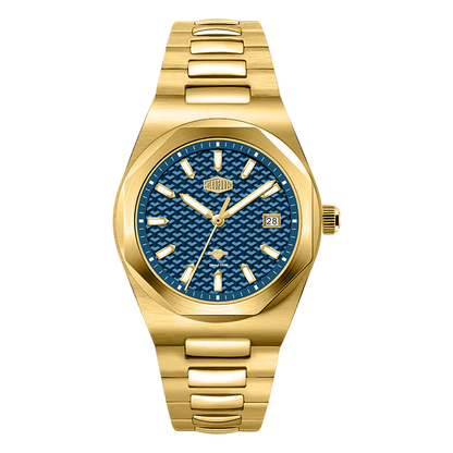 Gold watch with blue face on a white background