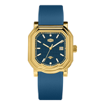 Gold watch with blue strap on a white background