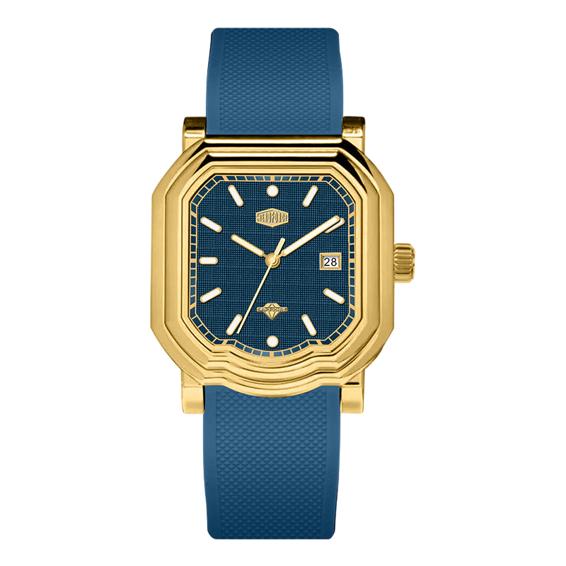 Gold watch with blue strap on a white background