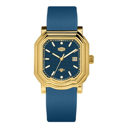 Gold watch with blue strap on a white background