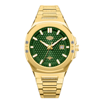 Gold watch with green face on a white background