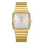Gold wristwatch with a white face on a white background