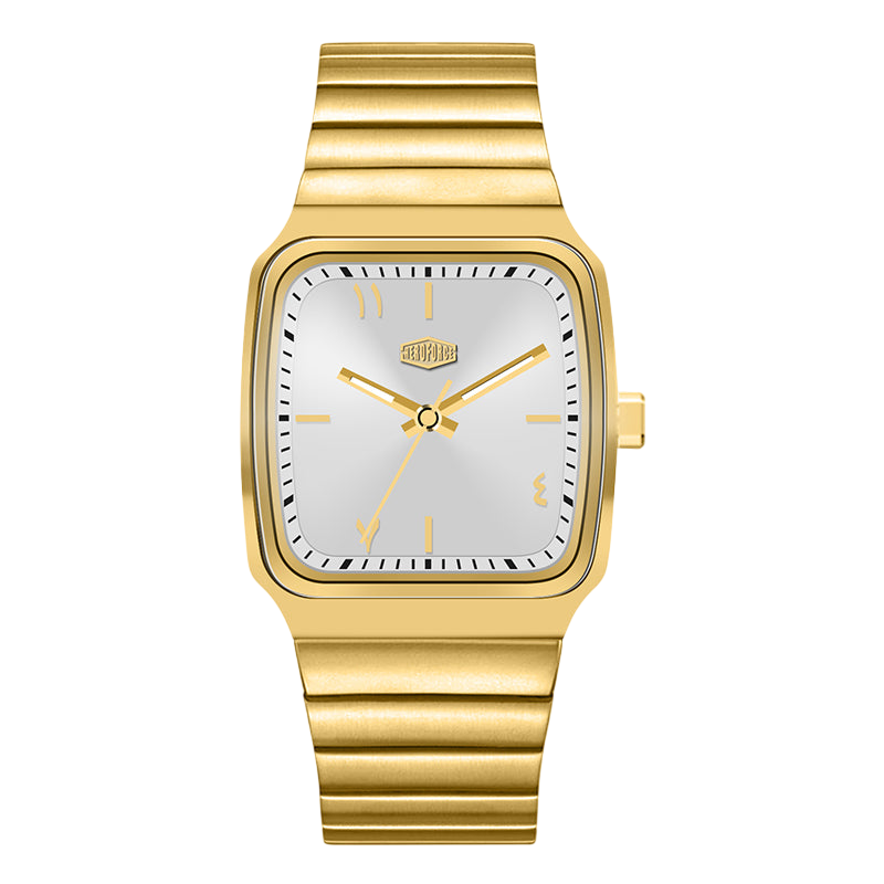 Gold wristwatch with a white face on a white background