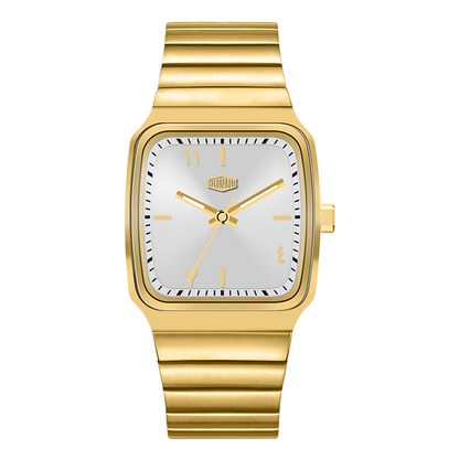 Gold wristwatch with a white face on a white background