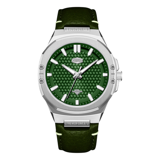 Green watch with a green strap on a white background