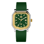 Green watch with gold accents on a white background