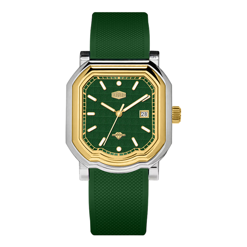 Green watch with gold accents on a white background