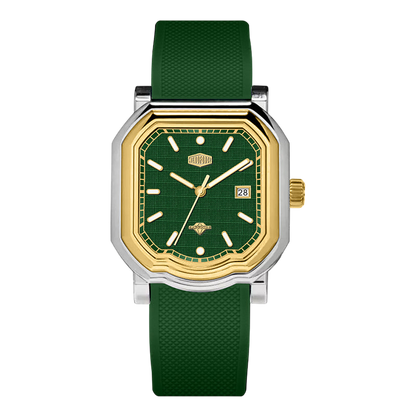 Green watch with gold accents on a white background