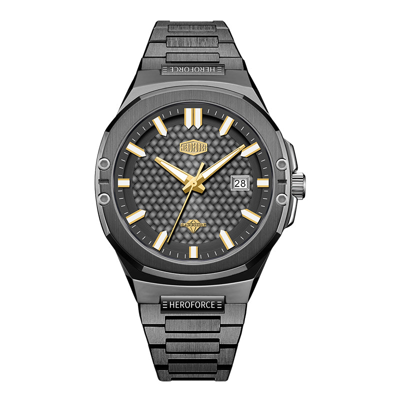 dark grey watch, black dial, gold hands
