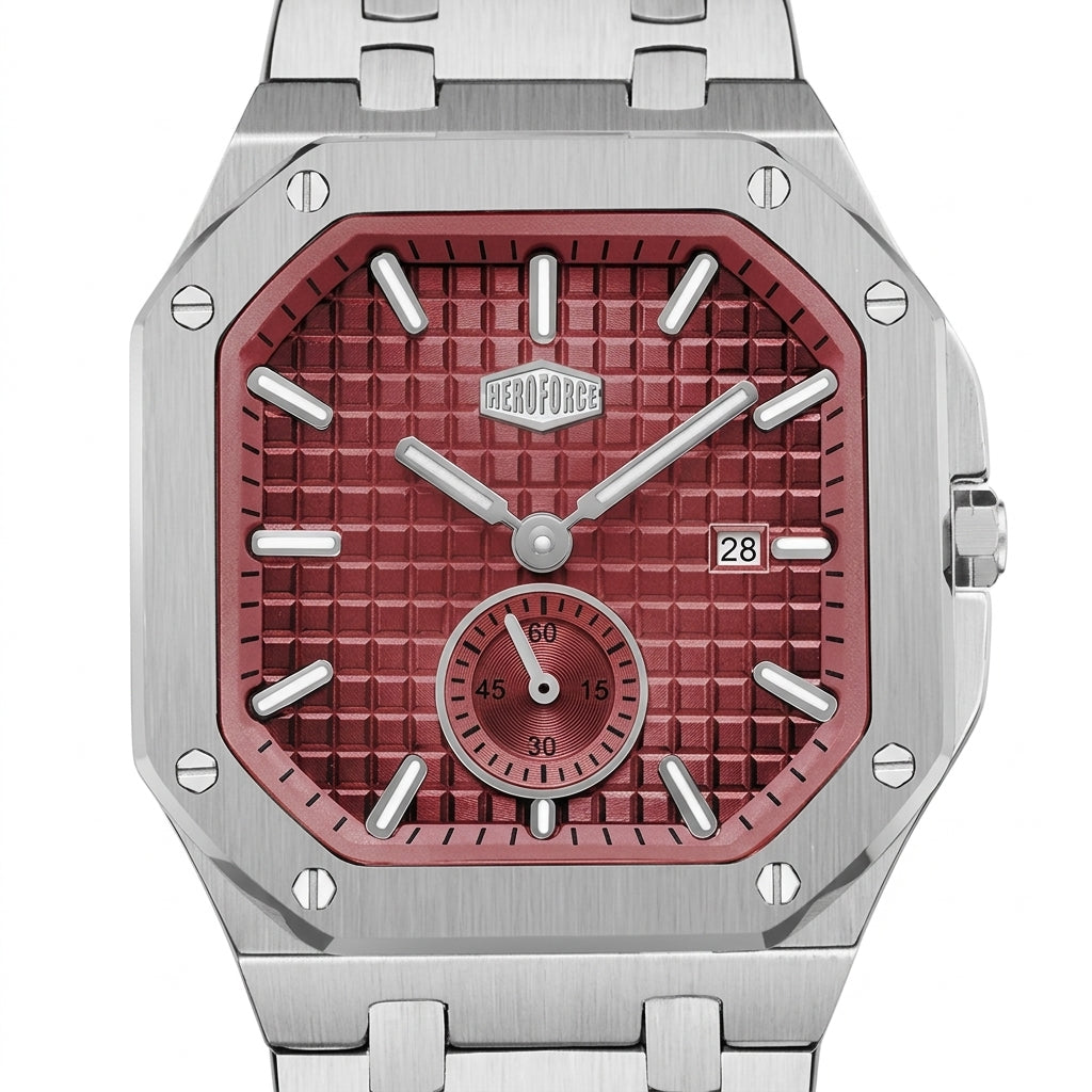 HEROFORCE 5025A HEROFORCE Luxury Quartz Men's Watch - close up red dial, texture