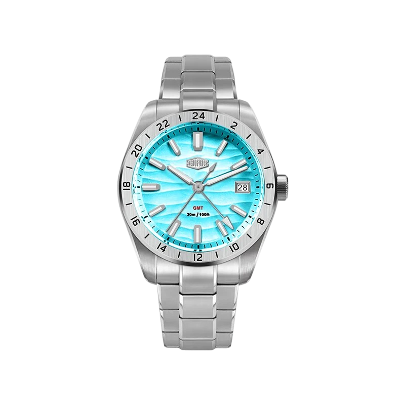 HeroForce 5056 Silver Light Edition GMT Stainless Steel Quartz Watch - light blue dial, steel watch, front view