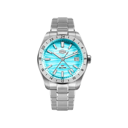 HeroForce 5056 Silver Light Edition GMT Stainless Steel Quartz Watch - light blue dial, steel watch, front view
