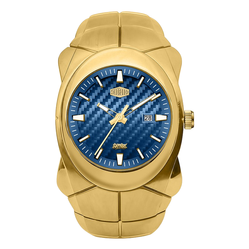 A gold-tone stainless steel watch with a textured blue carbon-fiber dial, featuring a date window at 3 o'clock, gold-tone hands and markers, and a segmented link bracelet.