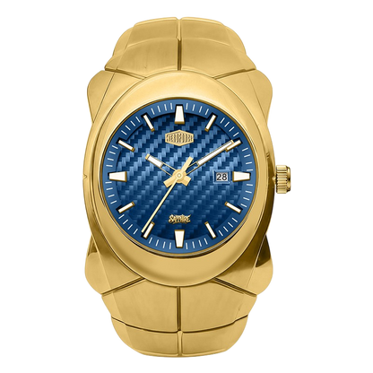 A gold-tone stainless steel watch with a textured blue carbon-fiber dial, featuring a date window at 3 o'clock, gold-tone hands and markers, and a segmented link bracelet.