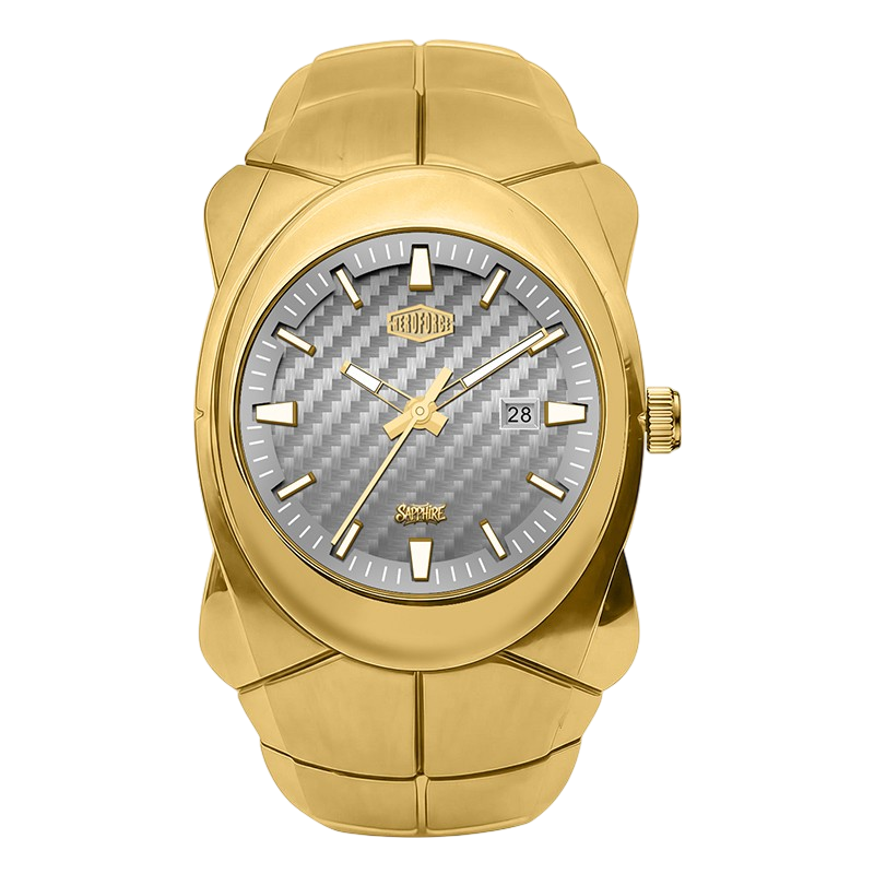 A gold-tone stainless steel watch with a textured gray carbon-fiber-patterned dial, featuring gold-tone hands and hour markers, a date window at 3 o'clock, and a matching gold-tone link bracelet.