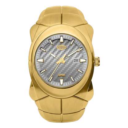 A gold-tone stainless steel watch with a textured gray carbon-fiber-patterned dial, featuring gold-tone hands and hour markers, a date window at 3 o'clock, and a matching gold-tone link bracelet.