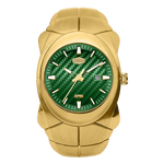 A gold-tone stainless steel watch with a textured green dial, featuring a date window and a gold-tone bezel and integrated link strap.