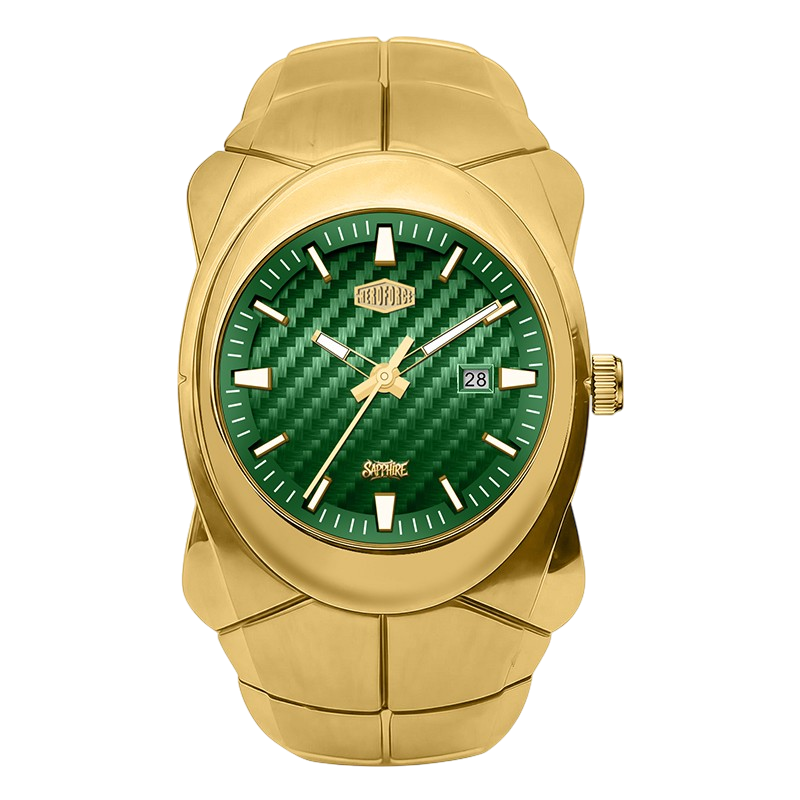 A gold-tone stainless steel watch with a textured green dial, featuring a date window and a gold-tone bezel and integrated link strap.